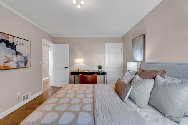 bedroom with wood-type flooring and crown molding