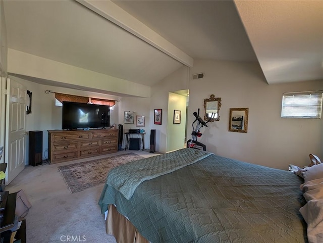 carpeted bedroom with vaulted ceiling with beams