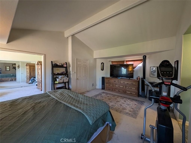 bedroom with vaulted ceiling with beams, access to exterior, and light carpet