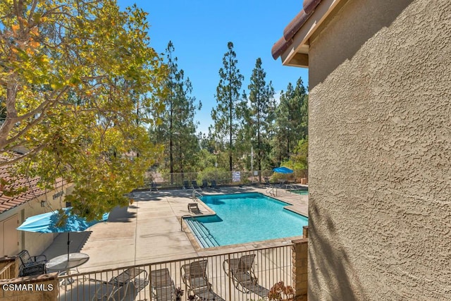 view of swimming pool with a patio area