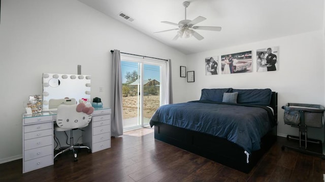 bedroom with ceiling fan, dark hardwood / wood-style flooring, lofted ceiling, and access to outside