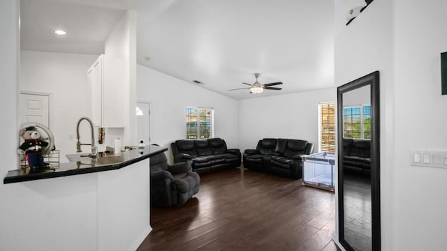 living room featuring a healthy amount of sunlight, sink, dark wood-type flooring, and vaulted ceiling