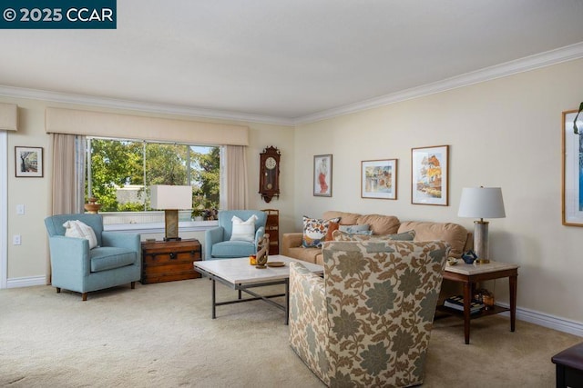 carpeted living room with crown molding