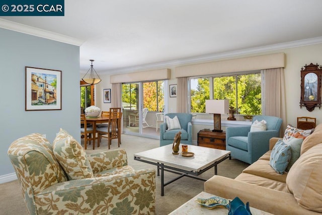 living room with crown molding and light carpet