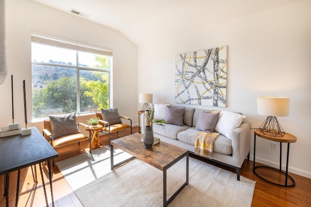 living room with hardwood / wood-style flooring and lofted ceiling