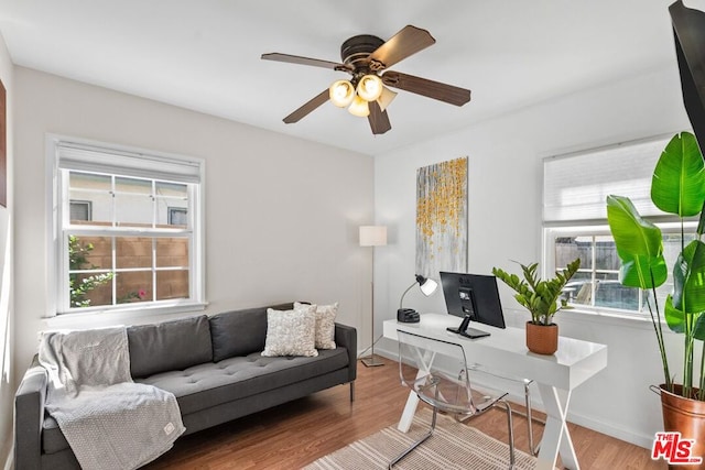 home office with ceiling fan and hardwood / wood-style flooring