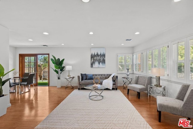 living room featuring a wealth of natural light and light hardwood / wood-style floors