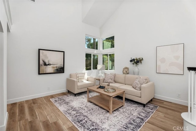 living room featuring a towering ceiling and light hardwood / wood-style flooring