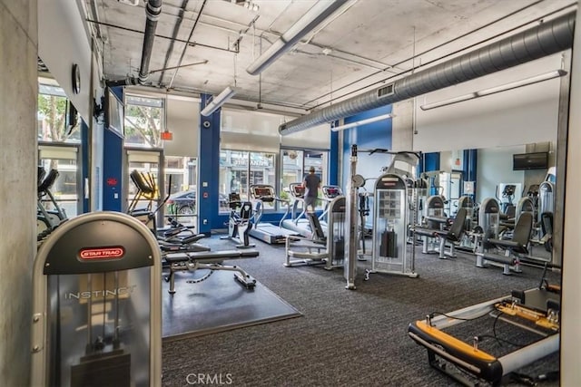1100 S Hope St Unit 1507, Los Angeles, CA 90015 - gym with carpet floors and a high ceiling