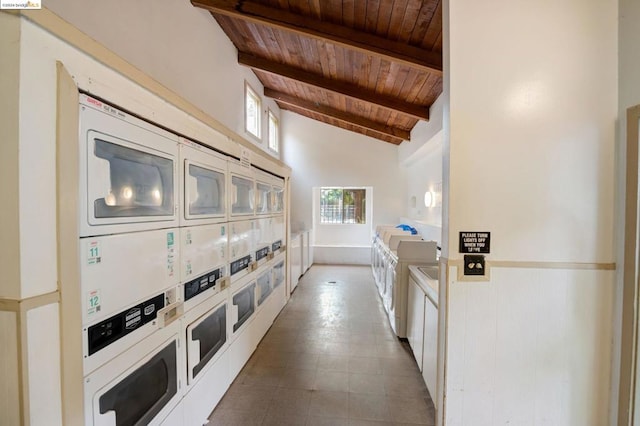 kitchen with high vaulted ceiling, white cabinetry, beamed ceiling, and wooden ceiling