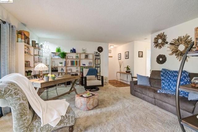 carpeted living room featuring a textured ceiling