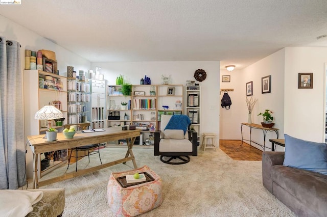 carpeted living room featuring a textured ceiling