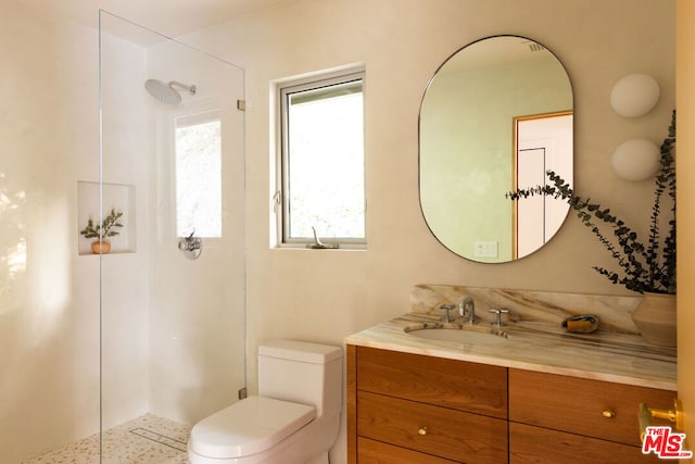 bathroom featuring a shower, vanity, and toilet