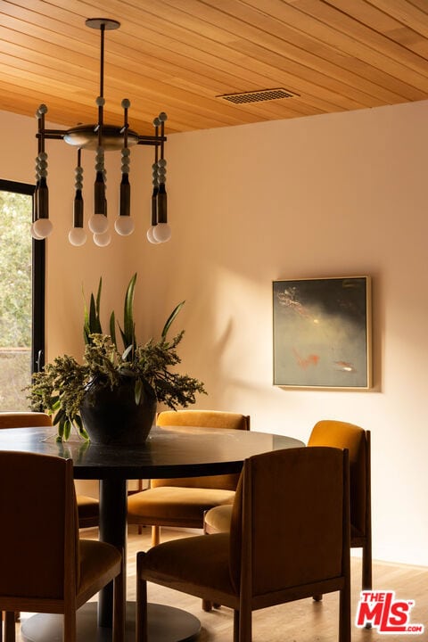 dining area with light hardwood / wood-style floors and wood ceiling