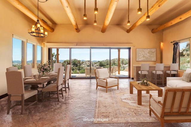 sunroom with beam ceiling, a wealth of natural light, and a notable chandelier