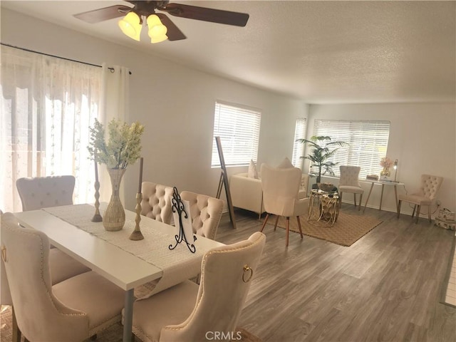 dining room with ceiling fan, dark hardwood / wood-style flooring, a textured ceiling, and a wealth of natural light