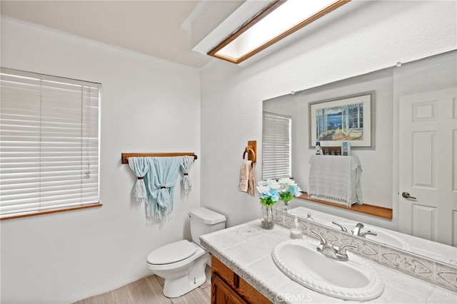 bathroom featuring hardwood / wood-style flooring, vanity, and toilet