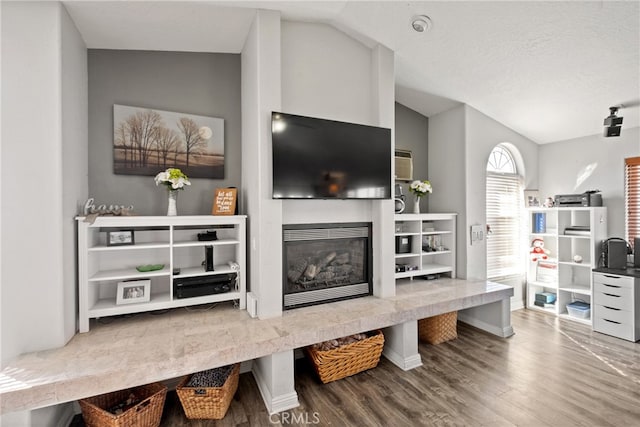 interior space featuring wood-type flooring, a textured ceiling, and vaulted ceiling