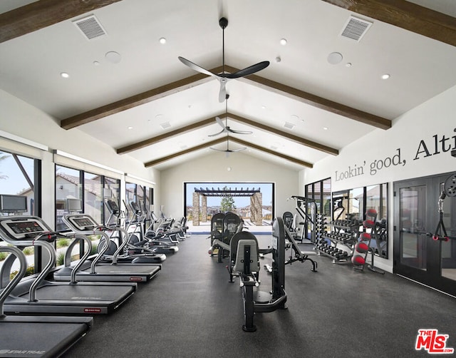 exercise room with ceiling fan and lofted ceiling