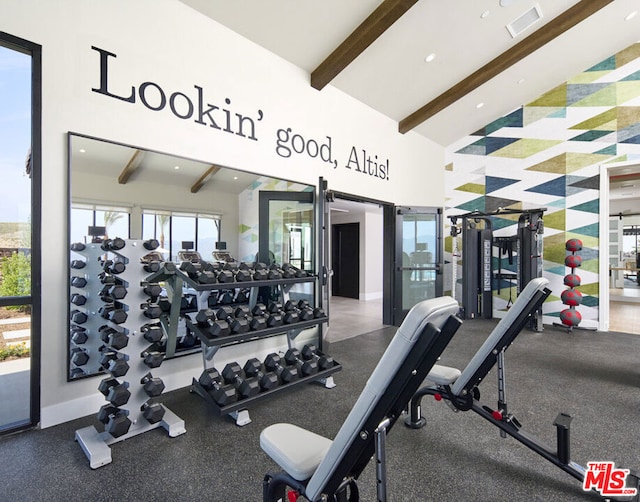 workout area featuring high vaulted ceiling