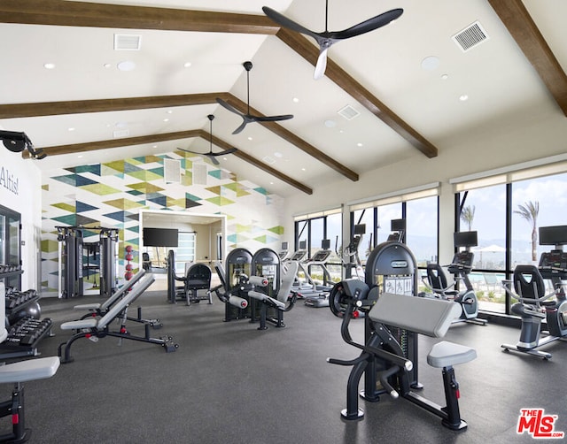 exercise room with ceiling fan and high vaulted ceiling