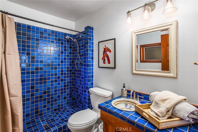 30421 Live Oak Dr, Running Springs, CA 92382 - bathroom with toilet, tiled shower, and vanity