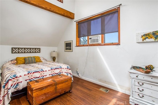 30421 Live Oak Dr, Running Springs, CA 92382 - bedroom with baseboards, visible vents, wood finished floors, and lofted ceiling with beams