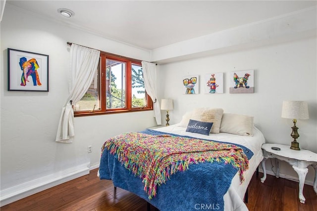 30421 Live Oak Dr, Running Springs, CA 92382 - bedroom featuring ornamental molding, baseboards, and hardwood / wood-style floors