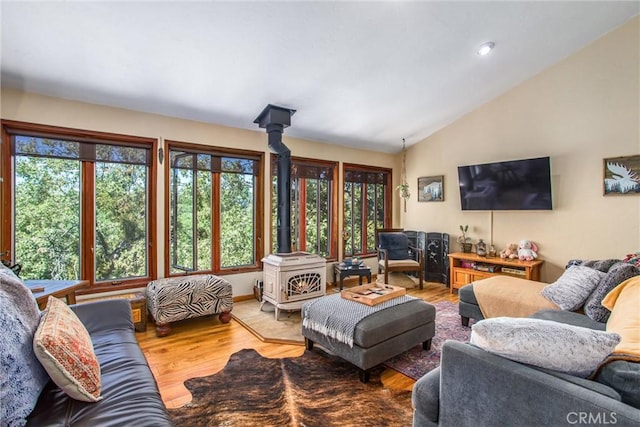 living room featuring lofted ceiling, wood-type flooring, and a wood stove