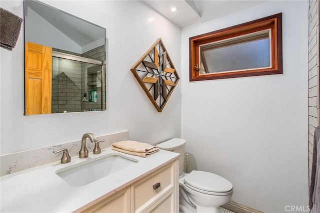 30421 Live Oak Dr, Running Springs, CA 92382 - full bathroom featuring toilet, vanity, recessed lighting, and a stall shower