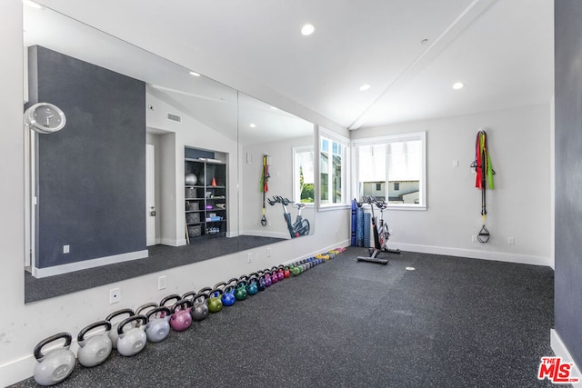 workout area with vaulted ceiling