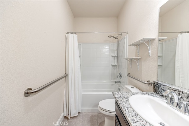 full bathroom featuring vanity, tile patterned floors, shower / tub combo, and toilet