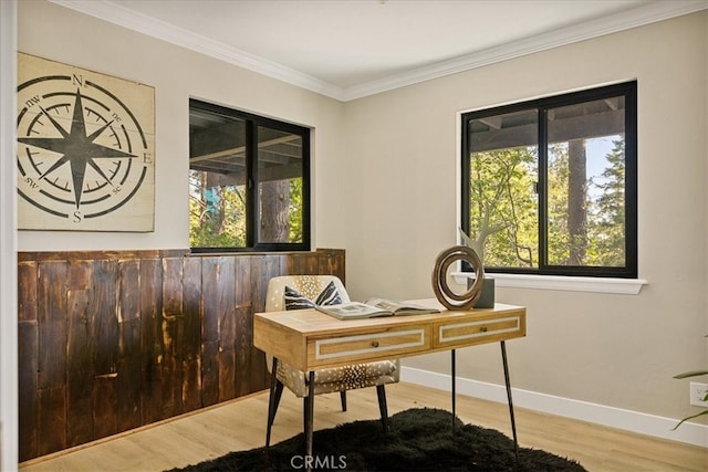 office space featuring crown molding and hardwood / wood-style floors