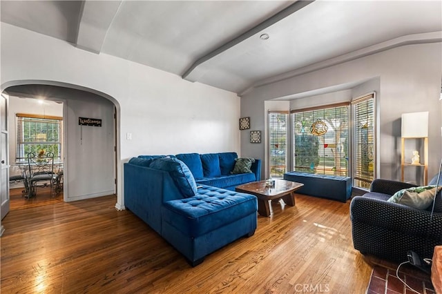 living room featuring hardwood / wood-style floors, lofted ceiling with beams, and plenty of natural light