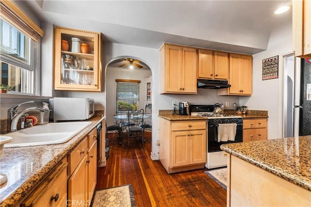 kitchen featuring light stone countertops, dark hardwood / wood-style flooring, white appliances, and sink