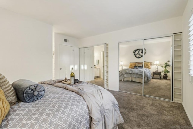 carpeted bedroom with two closets