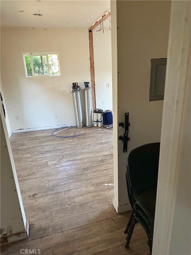 empty room featuring electric panel and wood finished floors