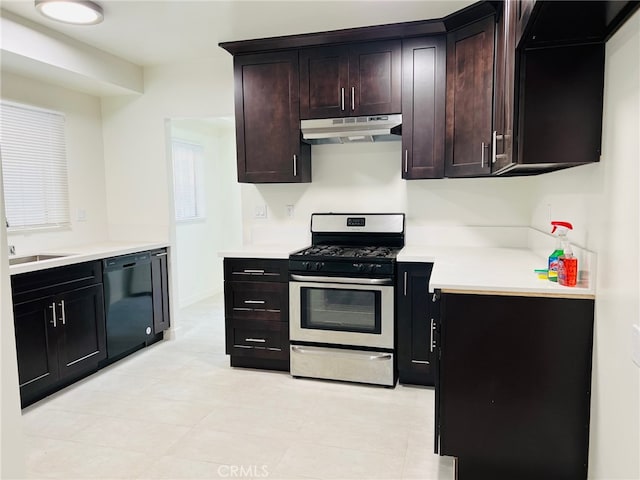 kitchen featuring dark brown cabinets, black dishwasher, stainless steel gas stove, and sink