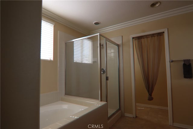 bathroom with ornamental molding, shower with separate bathtub, tile patterned flooring, and a textured ceiling