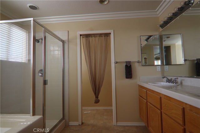 bathroom with vanity, ornamental molding, an enclosed shower, and tile patterned floors