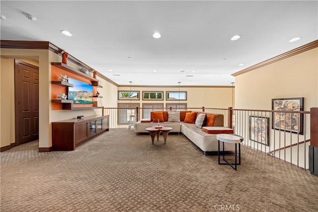 carpeted living room with crown molding