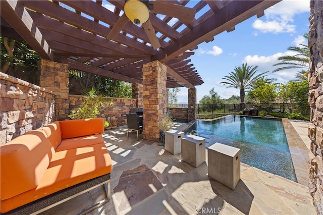 exterior space with a pergola, a fenced in pool, ceiling fan, and outdoor lounge area