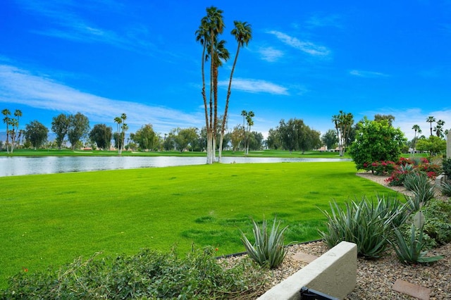 view of property's community featuring a water view and a yard