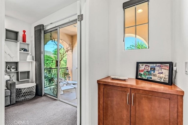 doorway to outside with carpet floors