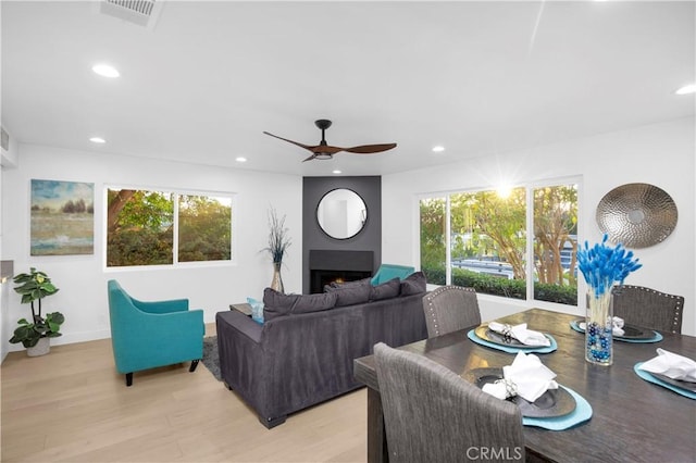 living room with ceiling fan and light hardwood / wood-style floors