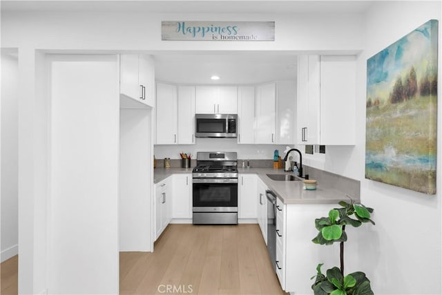 kitchen with white cabinetry, sink, light hardwood / wood-style floors, and appliances with stainless steel finishes