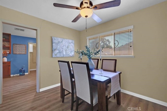 dining room with dark hardwood / wood-style floors and ceiling fan