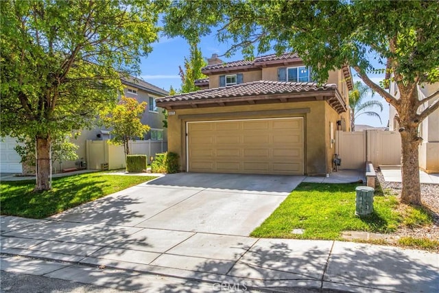35375 Trevino Trl, Beaumont, CA 92223 - mediterranean / spanish-style house featuring a tile roof, stucco siding, concrete driveway, a garage, and a chimney