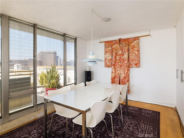 dining space with hardwood / wood-style floors, a textured ceiling, and a healthy amount of sunlight