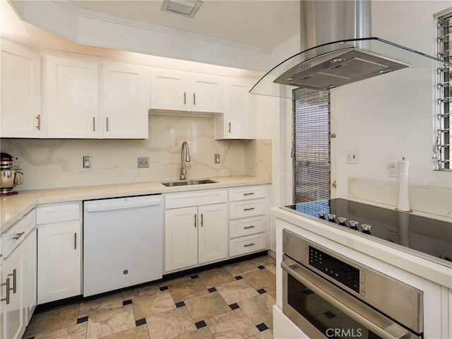 kitchen with white cabinetry, dishwasher, sink, oven, and island range hood